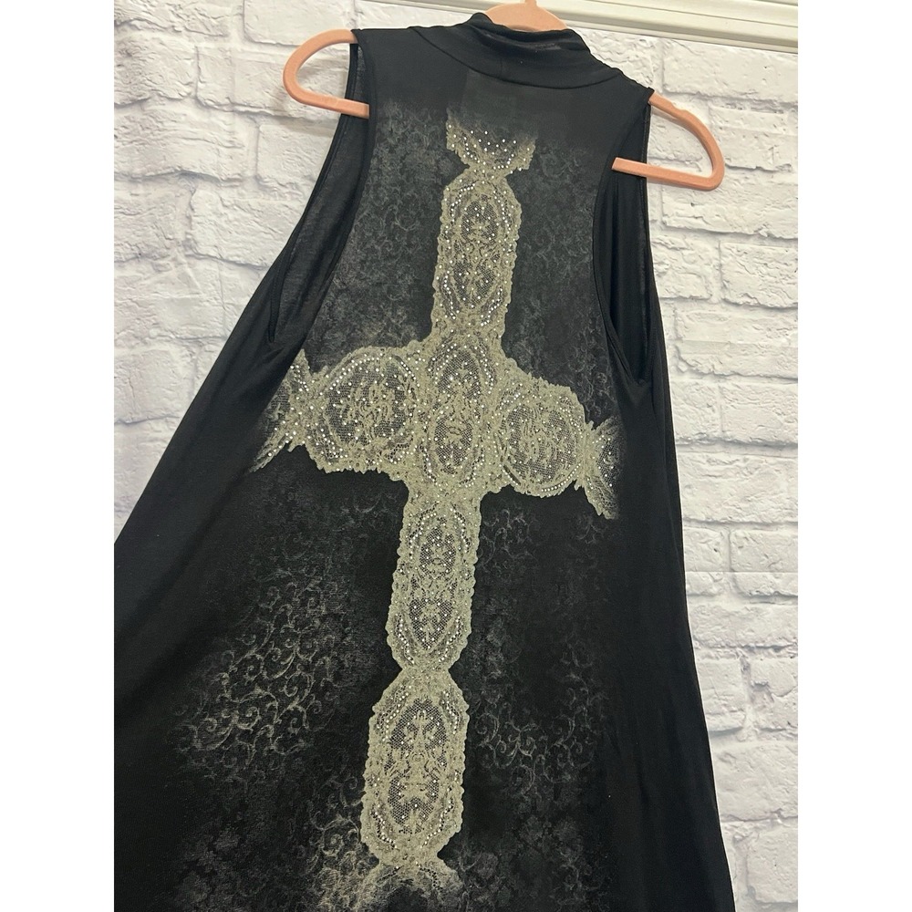 Vocal Y2K Rhinestone Cardigan XL Black Cross Gothic Duster Made In USA Lace - Picture 6 of 7